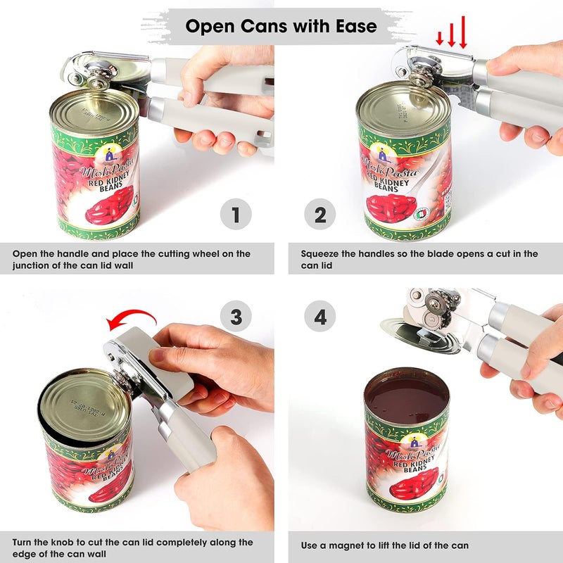Beneno Heavy Duty Hand Can Opener Manual with Magnet, Durable Sharp Carbon Steel Blade Smooth Cutting, Big Effort-Saving Knob & Soft Grip Handle, Multifunctional Kitchen Tool with Bottle Opener, Beige - Image 4